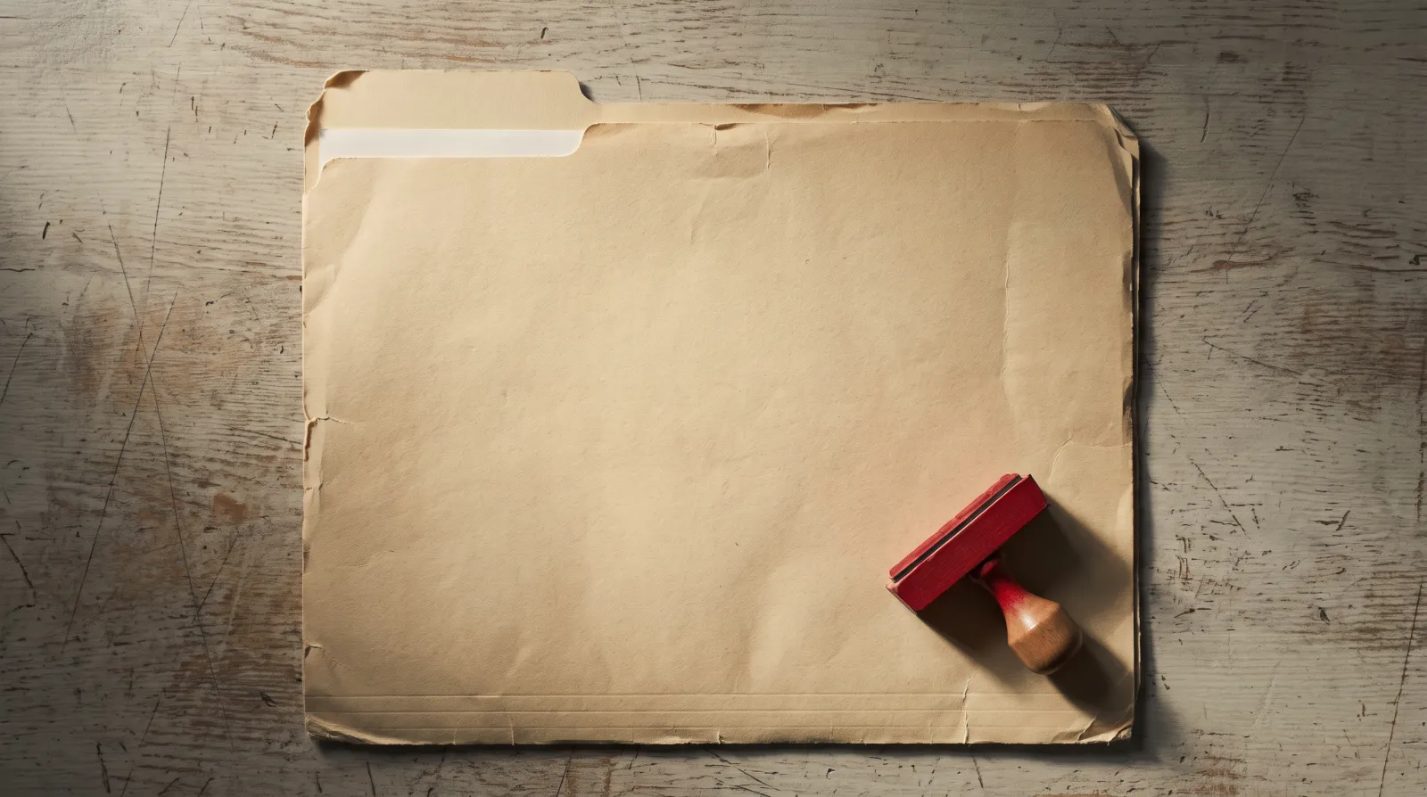 Illustrative manila folder and red rubber stamp resting on a worn wooden desk