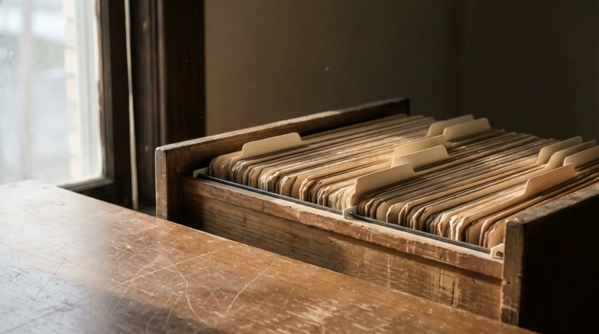 Illustrative open drawer of blank manila files on a wooden record counter